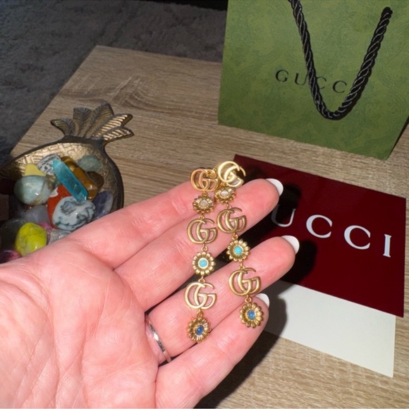 Gucci Gold-Tone GG Drop Earrings with Blue and Turquoise Enamel Flowers - Picture 4 of 6